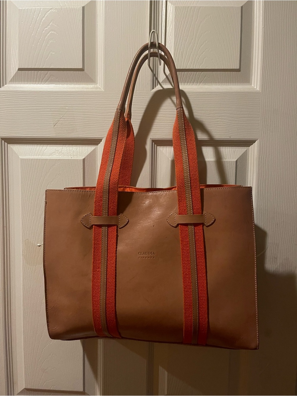 Claudia Firenze made in Italy Tan Leather Tote with Dual Orange Straps.